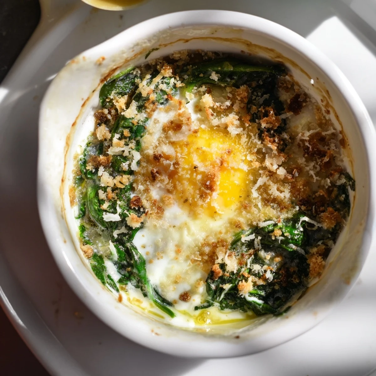 Creamy baked eggs spinach parmesan dish featuring wilted greens and golden brown cheese crust