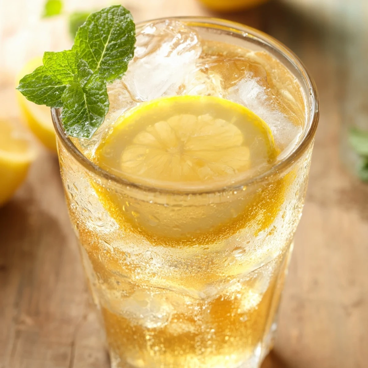 Fresh homemade lemonade pitcher with ice cubes and lemon slices on wooden table