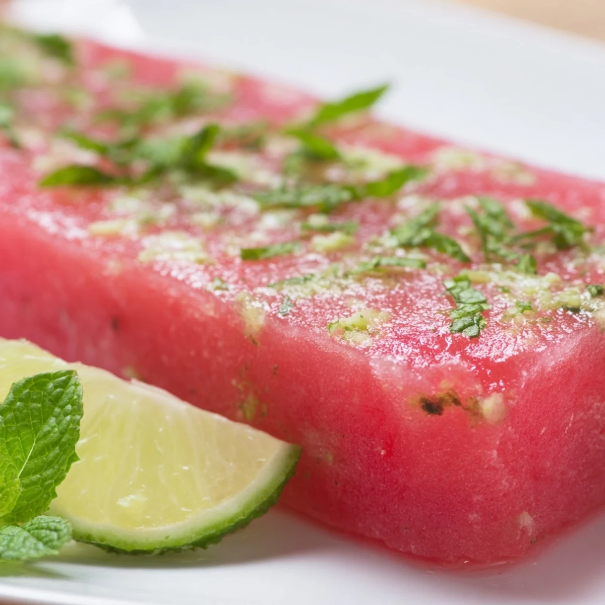 Frozen watermelon lime bars arranged on a white platter topped with fresh mint leaves