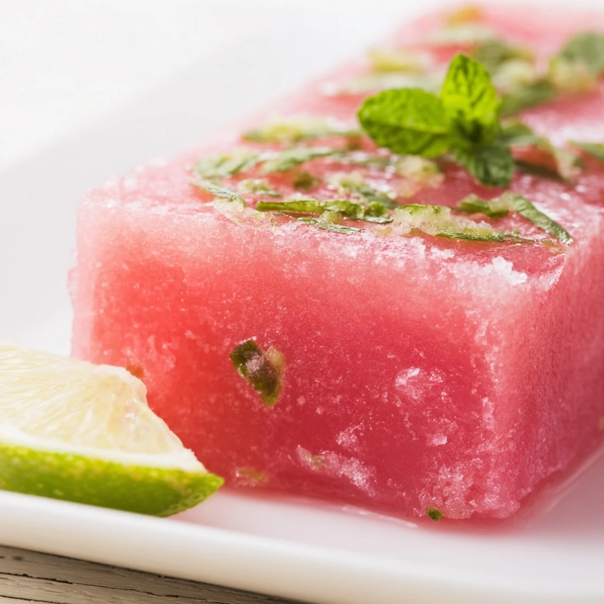 Bright pink frozen watermelon lime bars garnished with zesty lime wedges on a wooden board