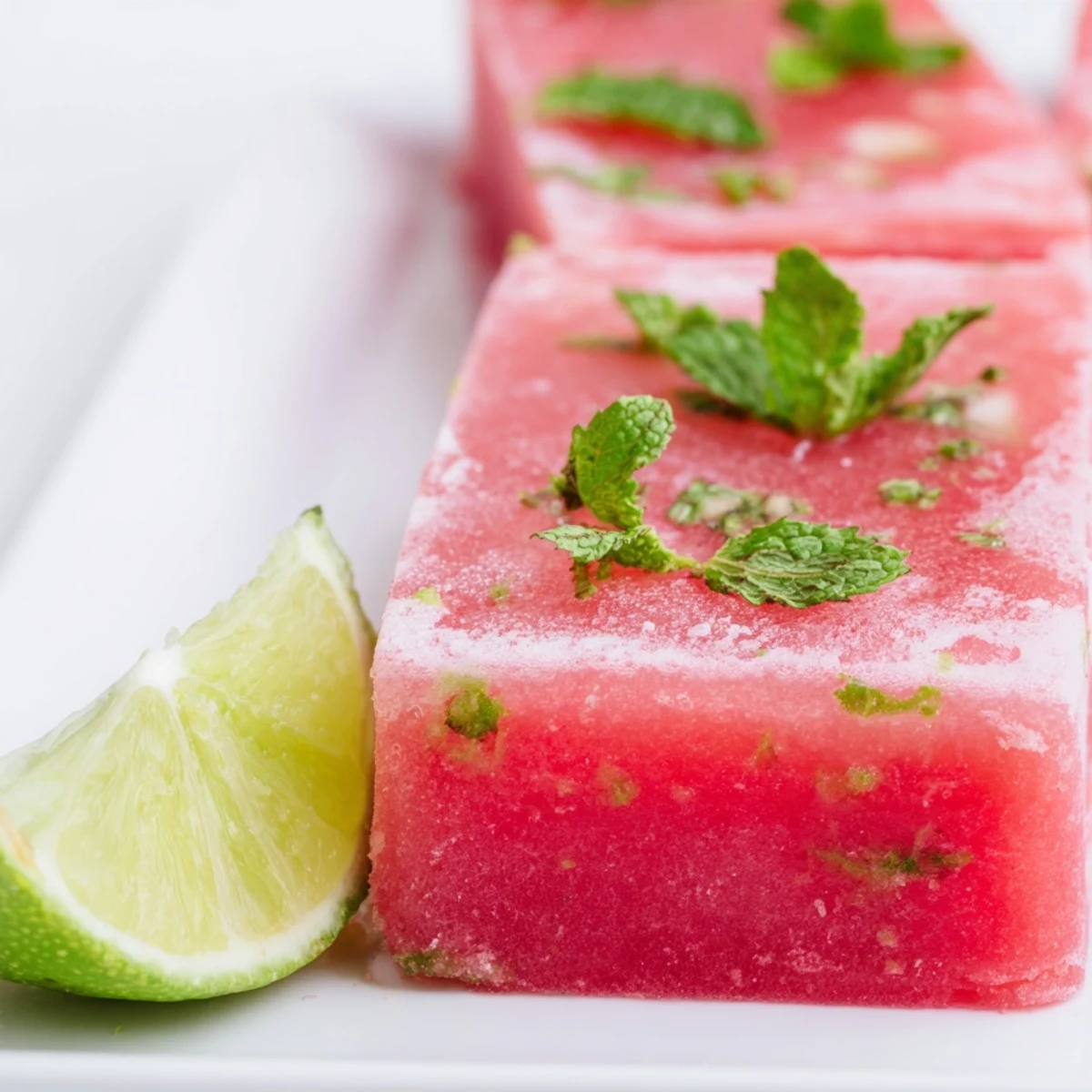 Naturally sweetened frozen watermelon lime bars served on a dessert plate with green mint sprigs