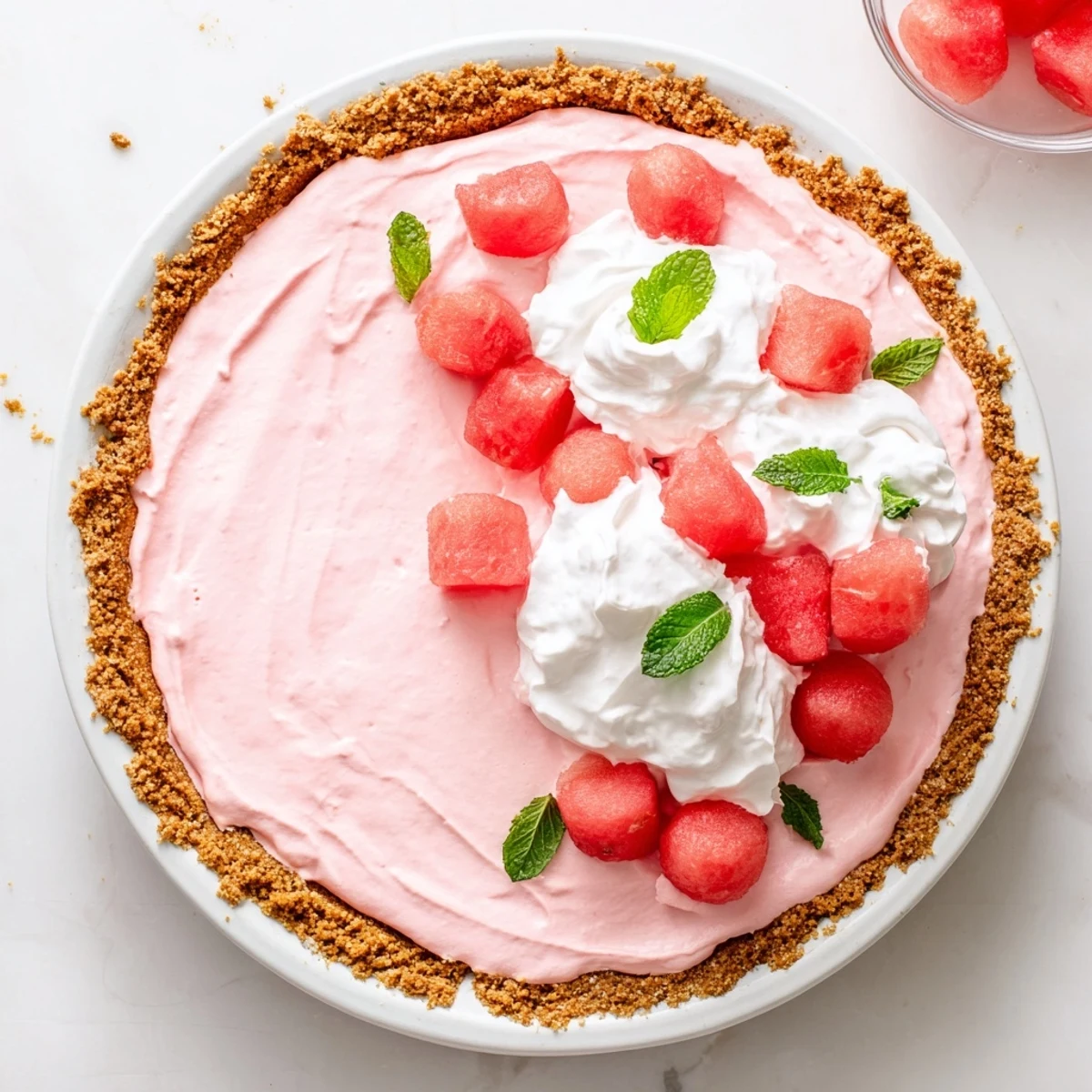 Chilled pink watermelon pie dessert slice on white plate with whipped cream rosette garnish