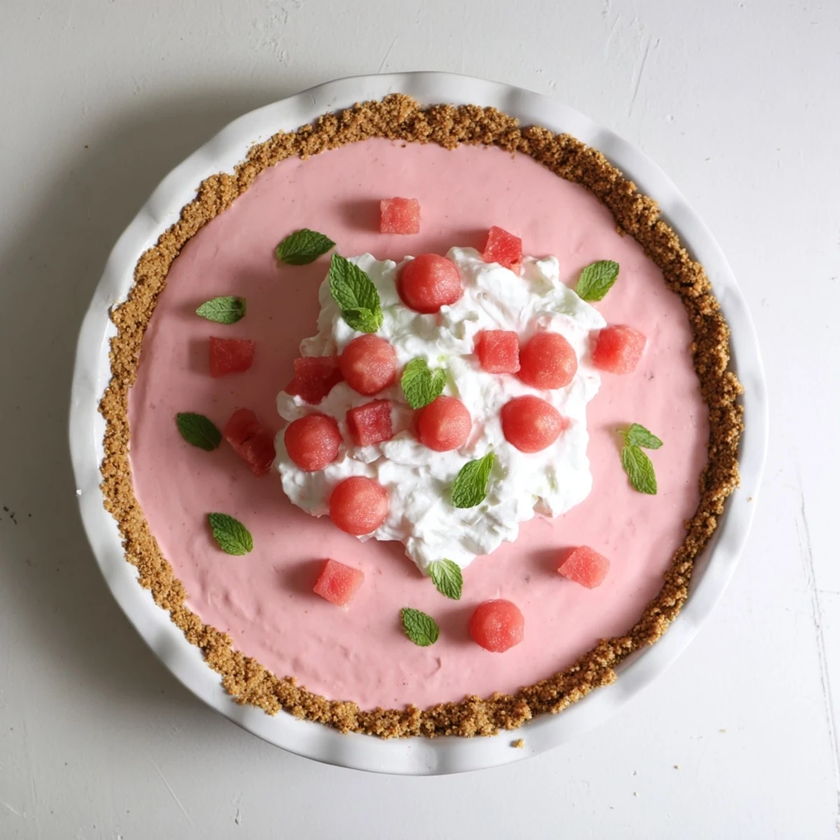 Creamy watermelon pie with graham cracker crust topped with fresh watermelon slices and mint