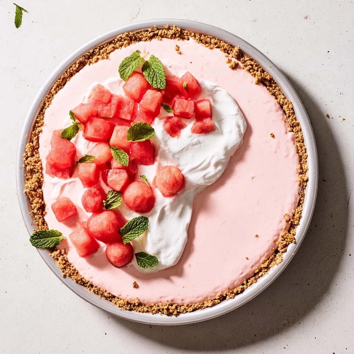 Summer watermelon pie in graham crust served with fresh mint sprigs and watermelon wedges