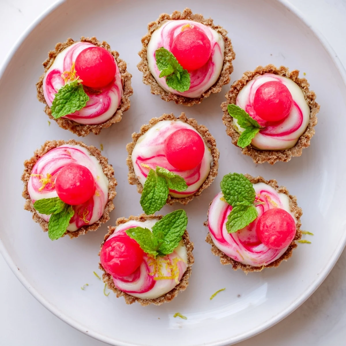 Frozen watermelon lemon cream tarts with pink swirls on graham cracker shells garnished with fresh mint