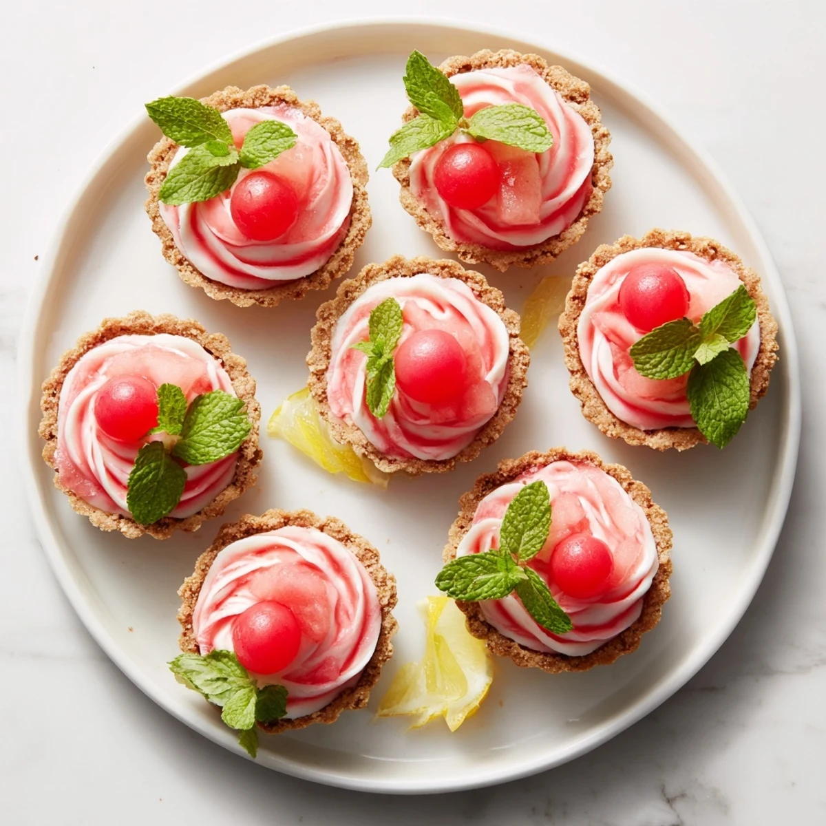 Three frozen watermelon lemon cream tarts topped with watermelon balls and lemon zest on white plate