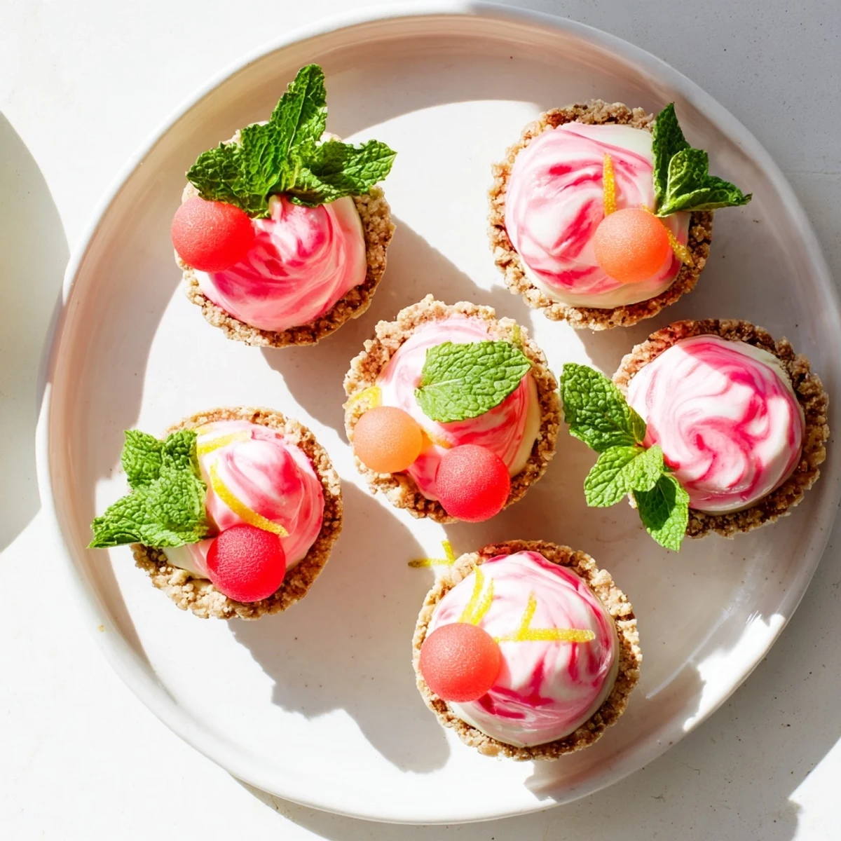 Close-up of frozen watermelon lemon cream tart showing marbled pink and cream layers in crisp tart shell