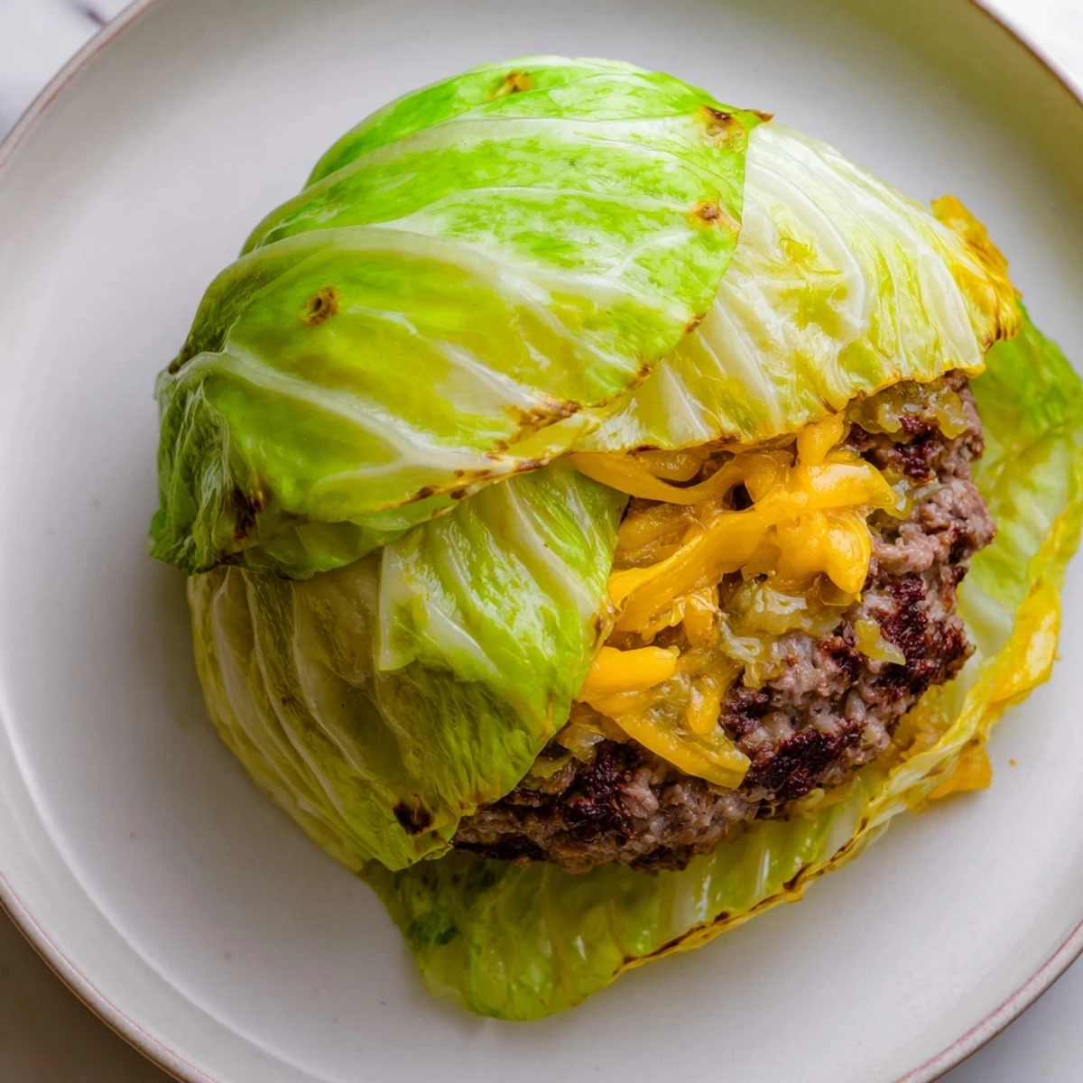 Golden brown oven baked cabbage burger with melted cheddar on white plate