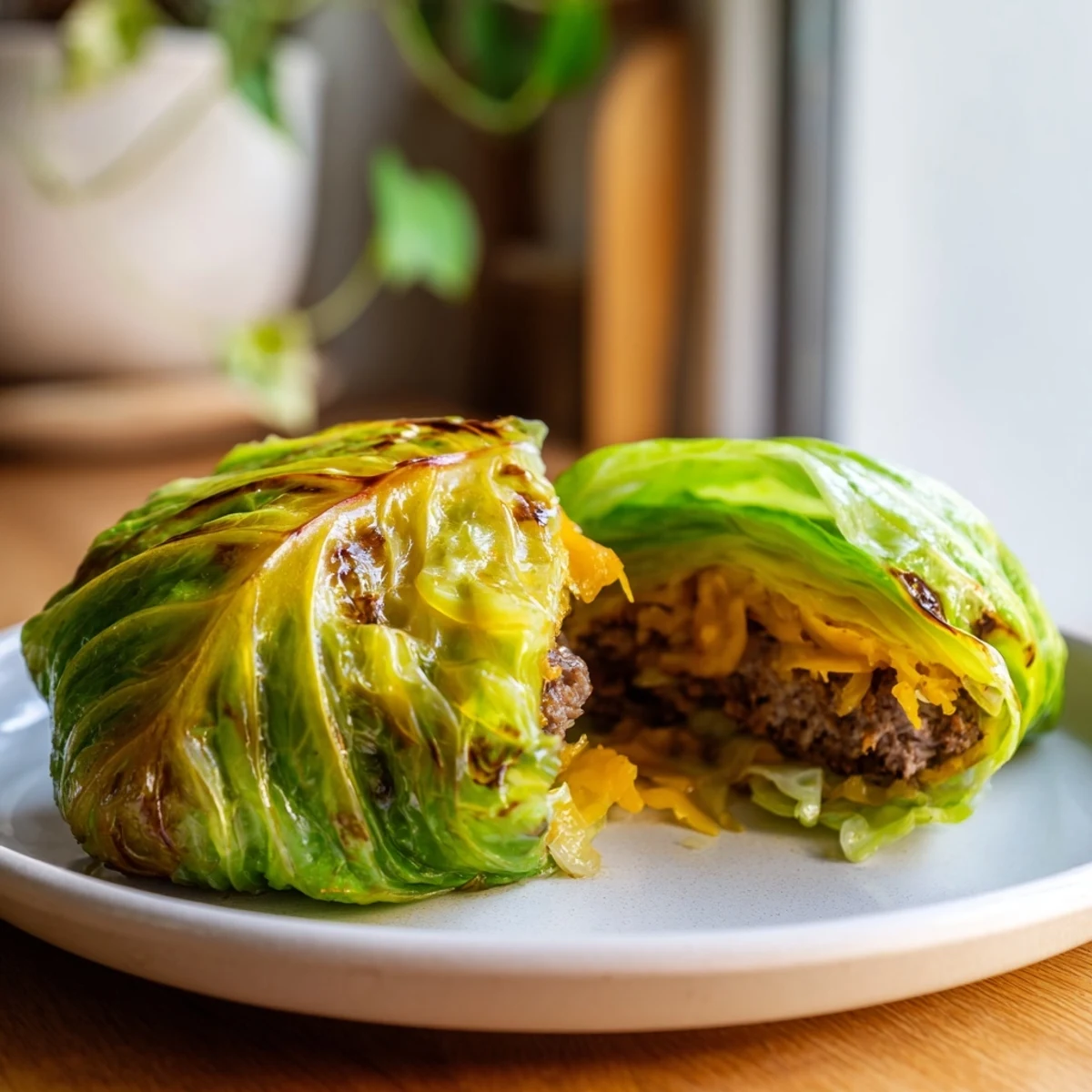 Low carb oven baked cabbage burger served with mustard on rustic surface