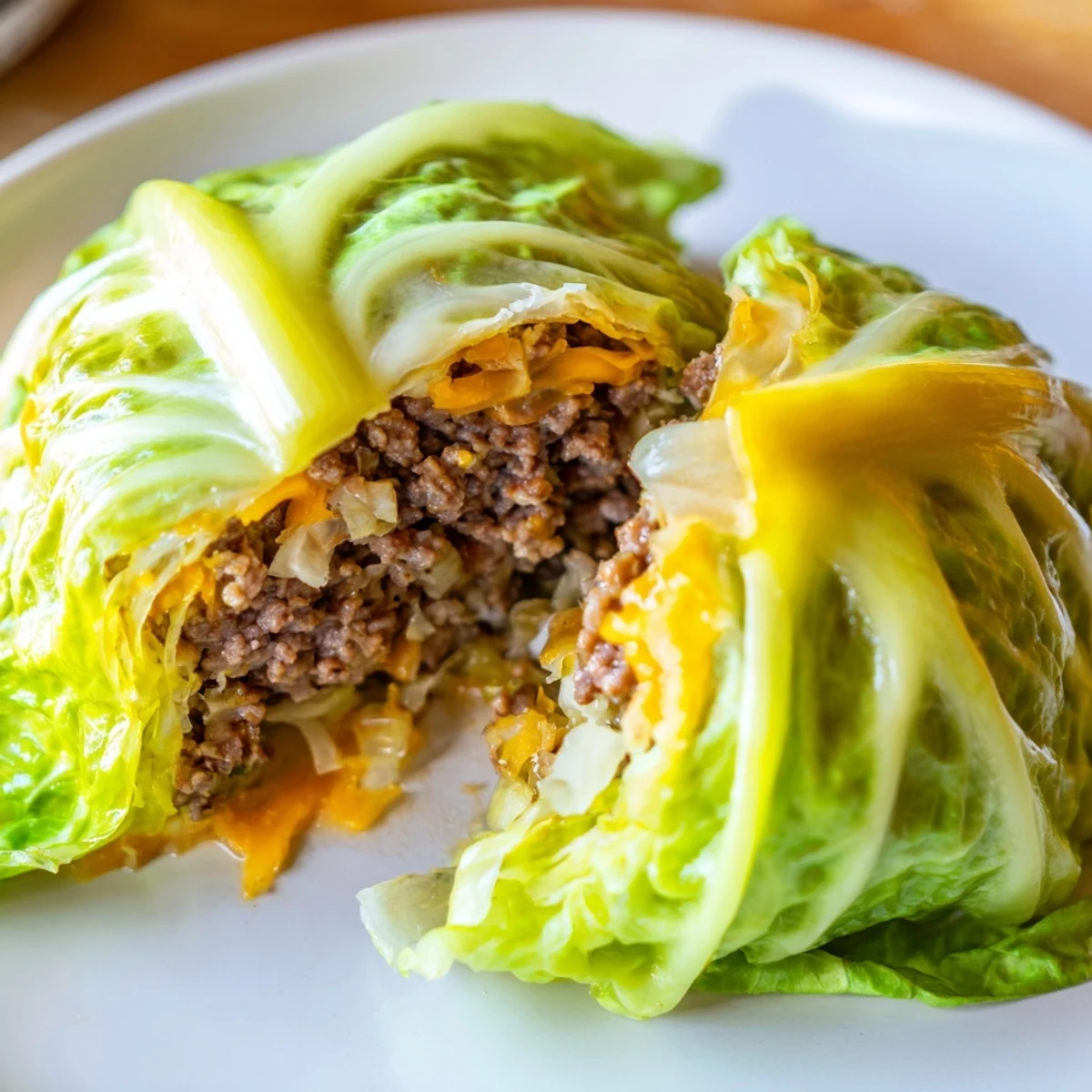 Juicy ground beef wrapped in tender green cabbage leaves after baking