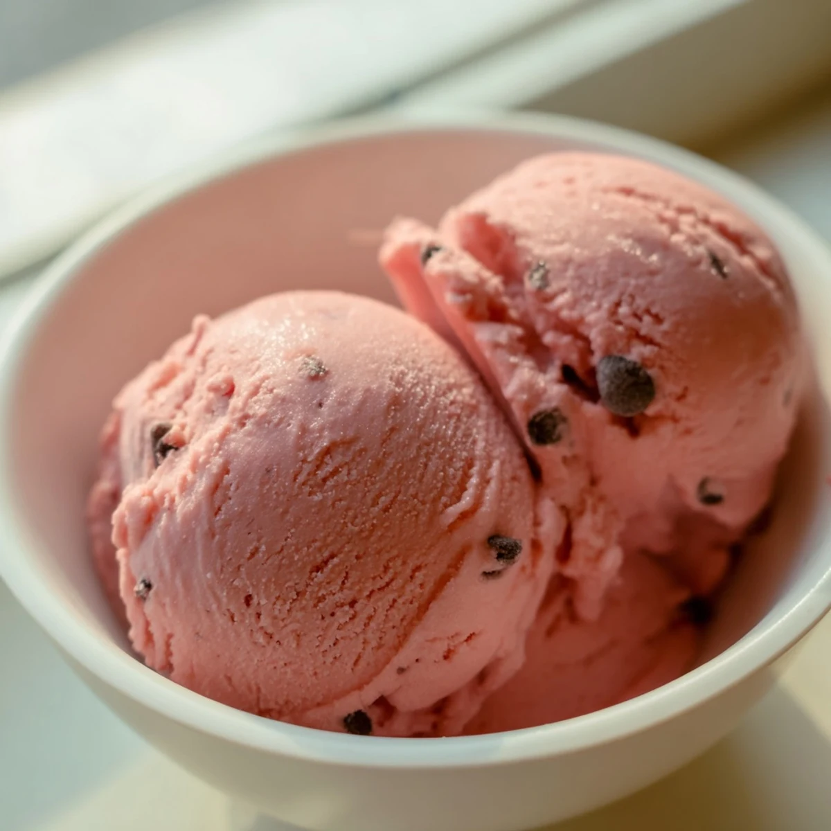 Pink scoops of homemade watermelon ice cream garnished with fresh mint leaves on a chilled dessert bowl