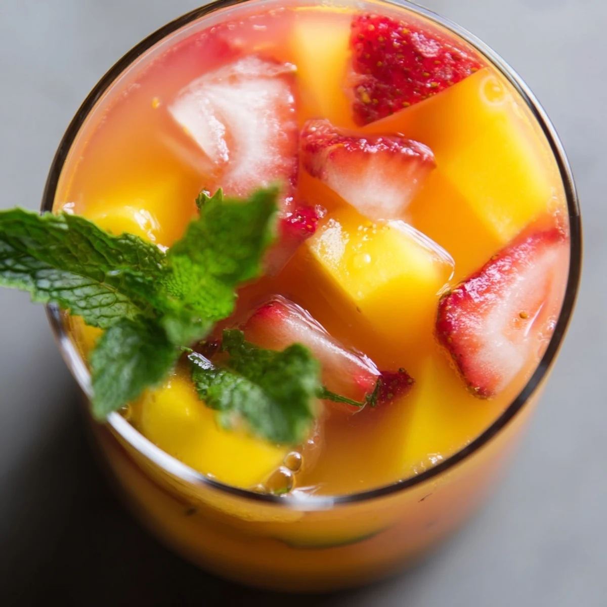 Golden glass of mango strawberry lemonade garnished with fresh mint and fruit slices
