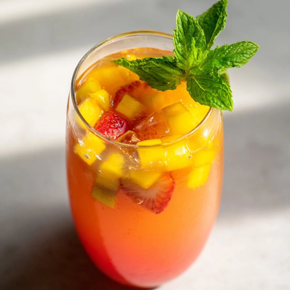 Refreshing mango strawberry lemonade served over ice with vibrant red and yellow layers