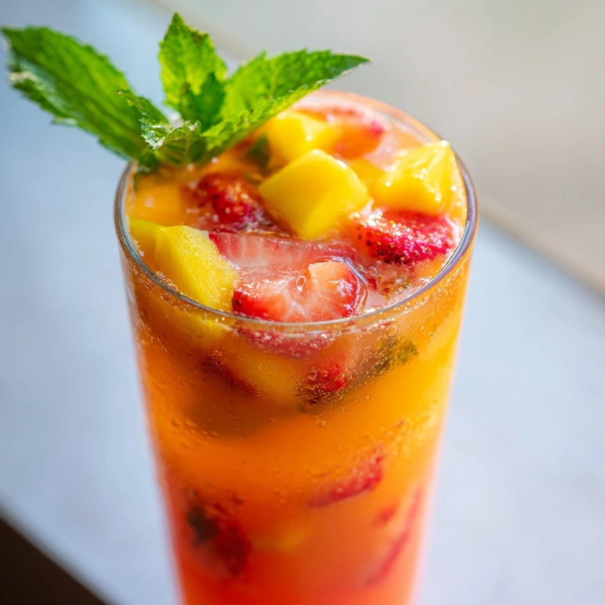 Tropical mango strawberry lemonade in a chilled pitcher topped with juicy strawberry wheels