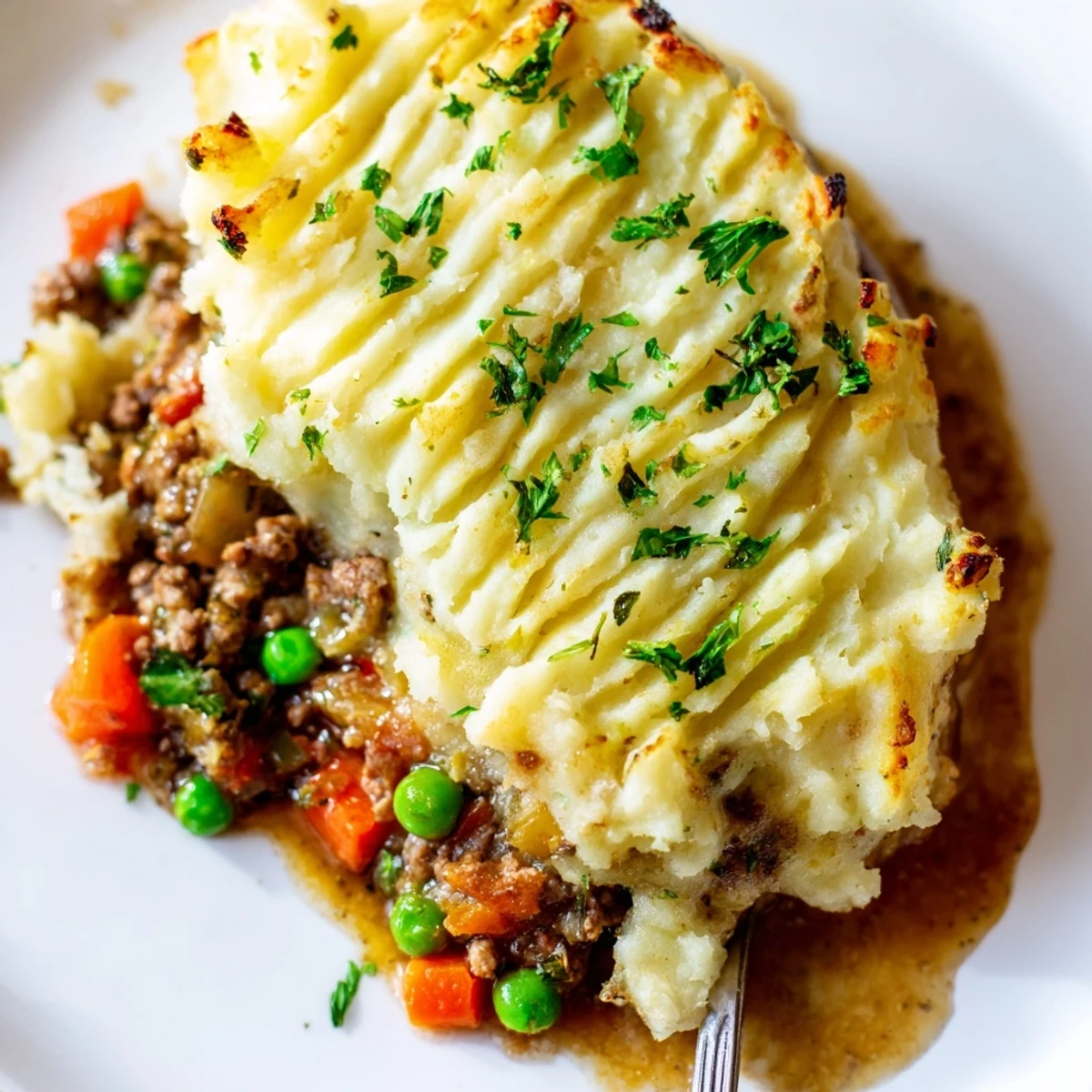 Golden Shepherd's pie baked potato topped with fluffy mashed potatoes and savory lamb filling