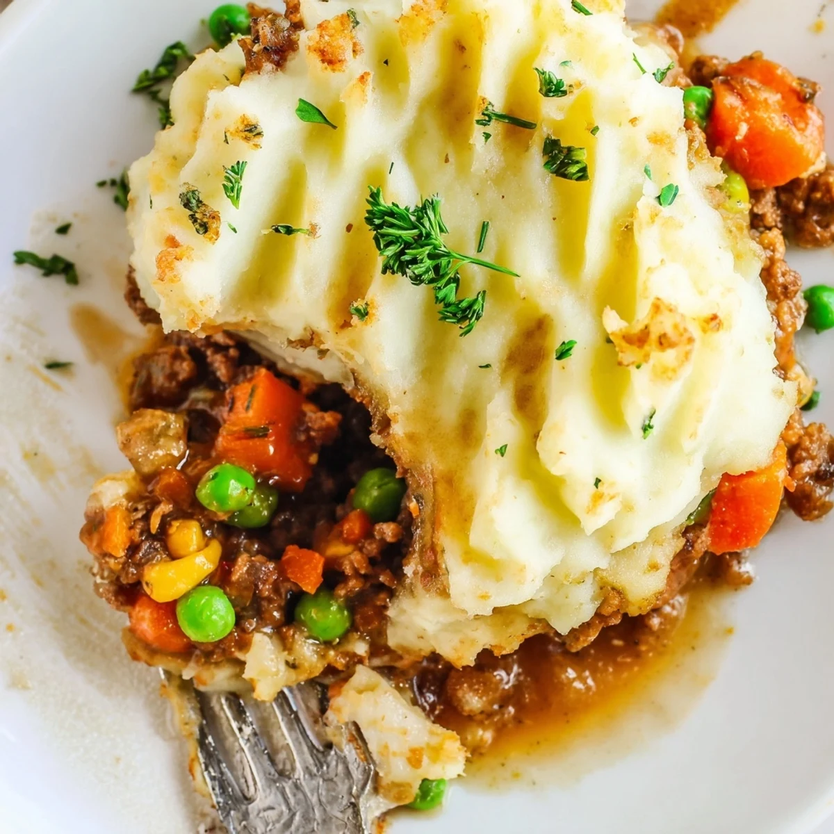 Hearty Shepherd's pie baked potato with seasoned ground meat and vegetables under a crispy mashed potato crust