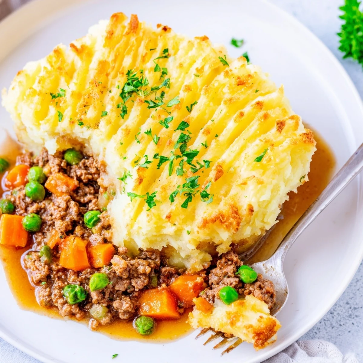 Comfort food Shepherd's pie baked potato featuring rich lamb gravy and buttery golden mashed potato topping
