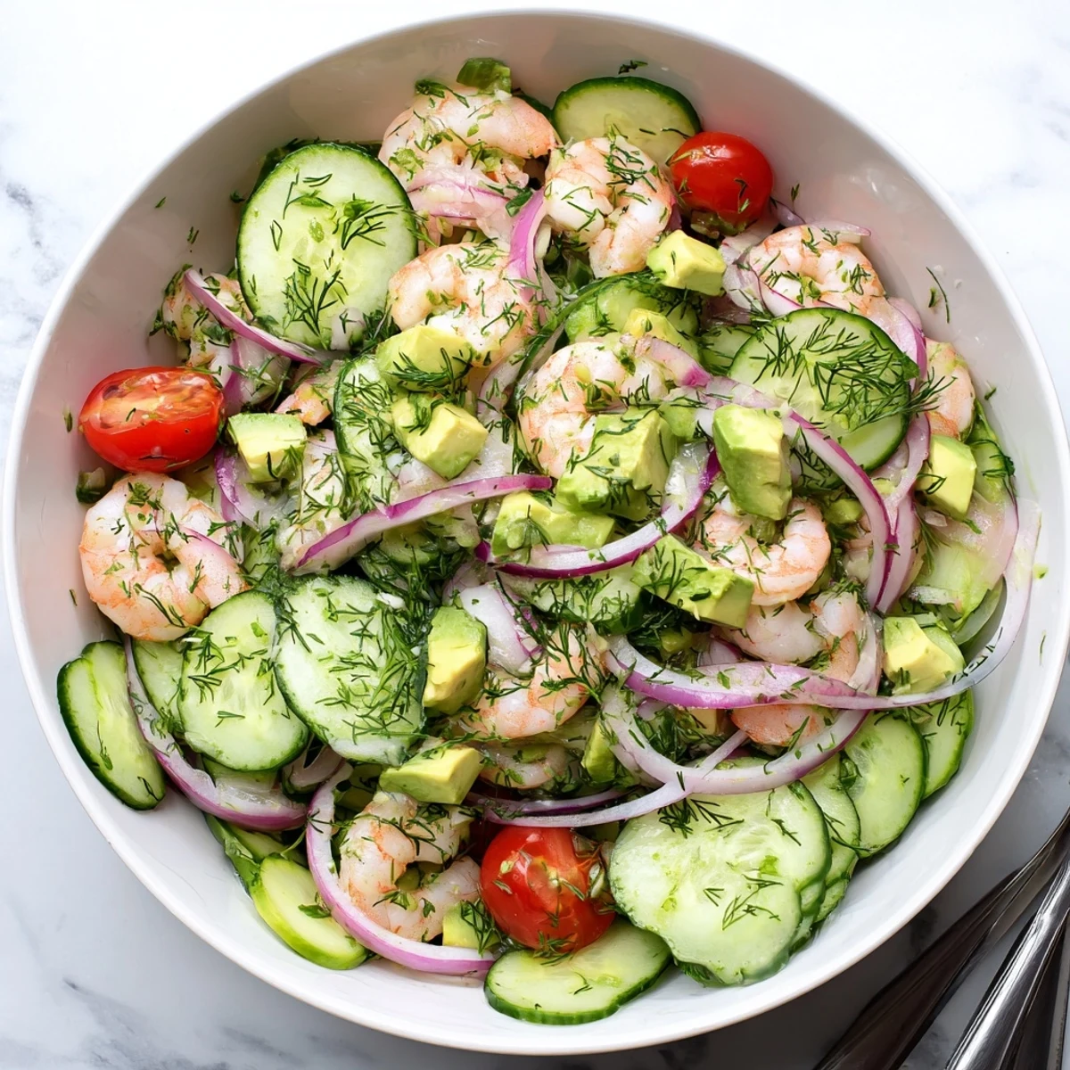 Light and refreshing cucumber shrimp salad tossed in lemon olive oil dressing perfect for gluten-free summer lunches