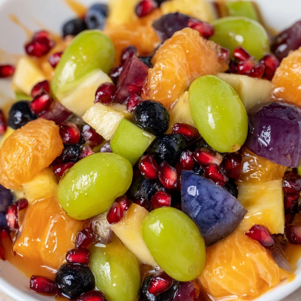 Colorful Halloween fruit salad with honey orange dressing in clear glass bowl