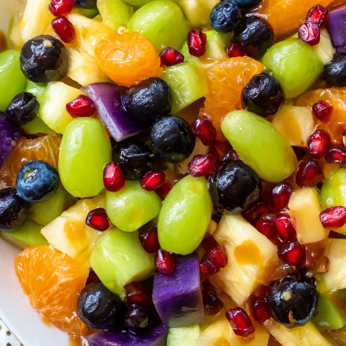 Fresh fruit salad with grapes melon and citrus honey orange glaze