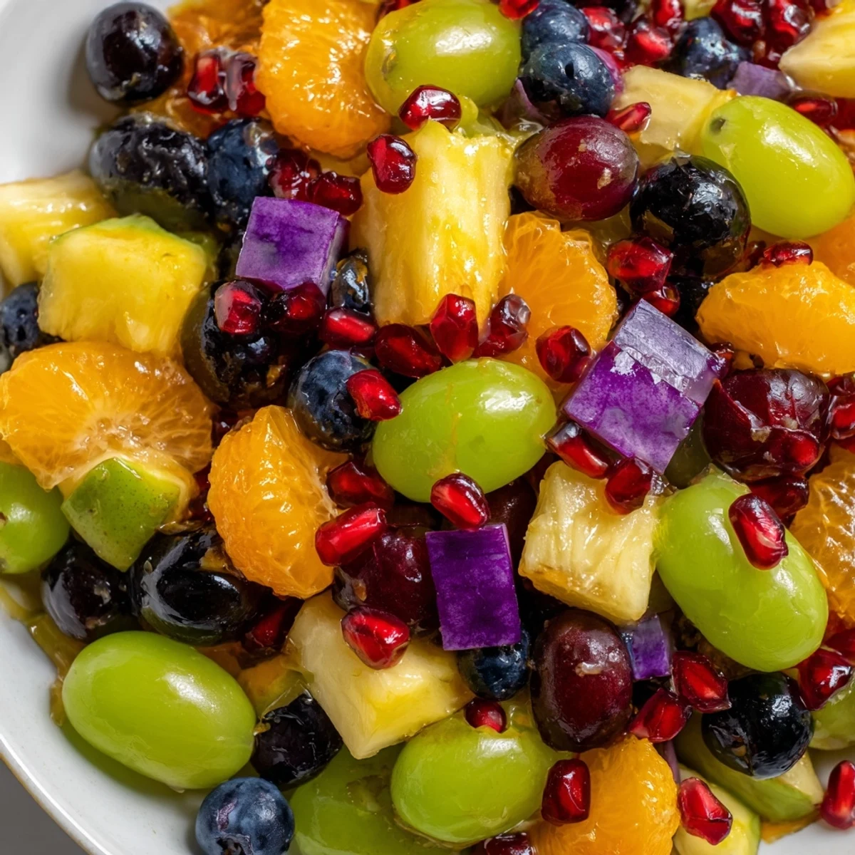 Vibrant spooky fruit salad drizzled with sweet honey orange dressing