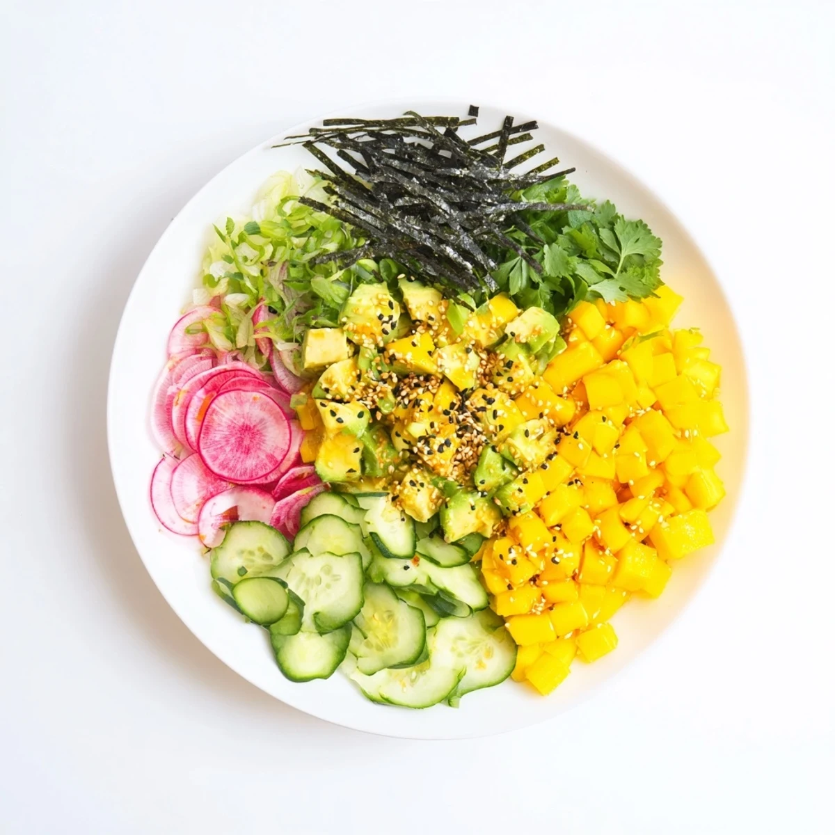Vibrant Hawaiian-inspired avocado mango poke salad featuring creamy avocados and sweet tropical mango chunks