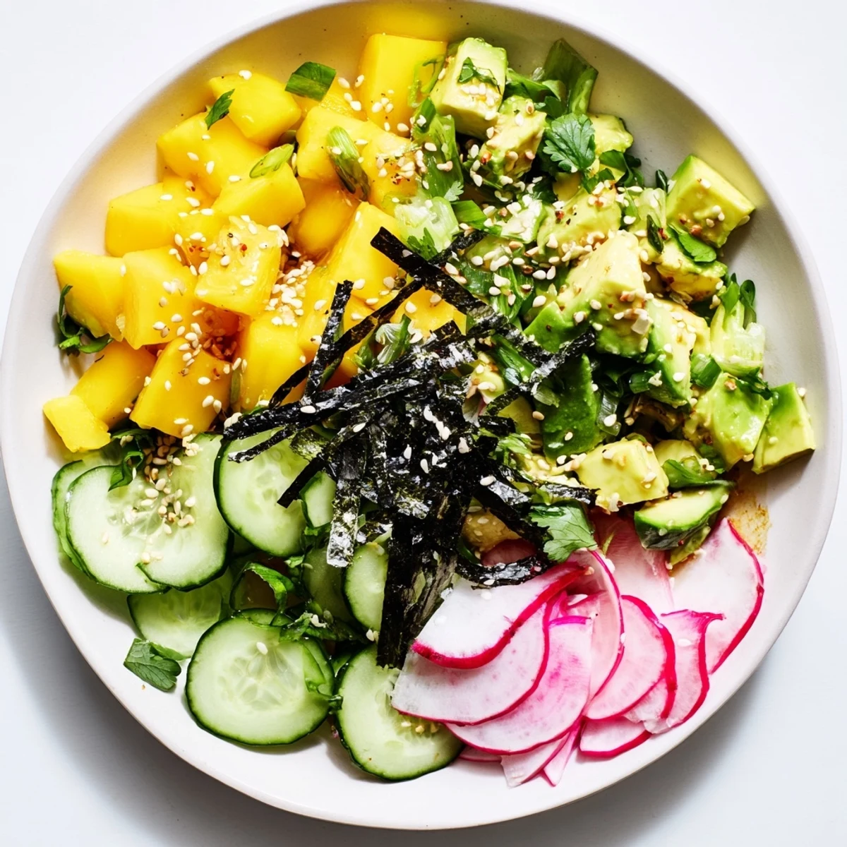 Colorful bowl of avocado mango poke salad tossed in savory soy sesame dressing