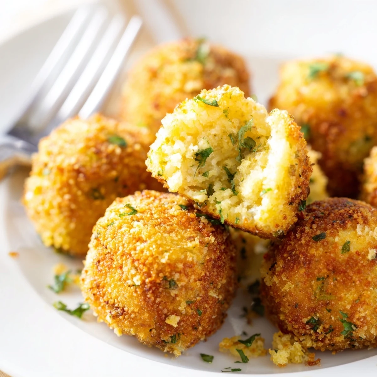 Golden brown crispy cornbread dressing balls served on a white platter with fresh parsley garnish