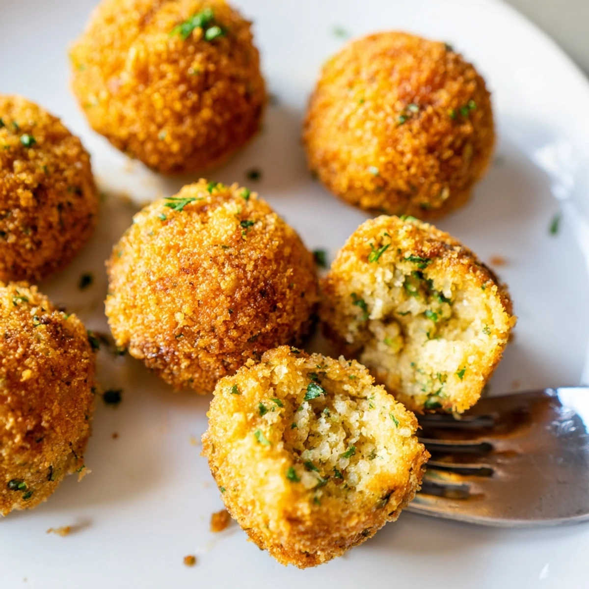 Plate of golden fried cornbread dressing balls arranged for holiday party appetizer serving