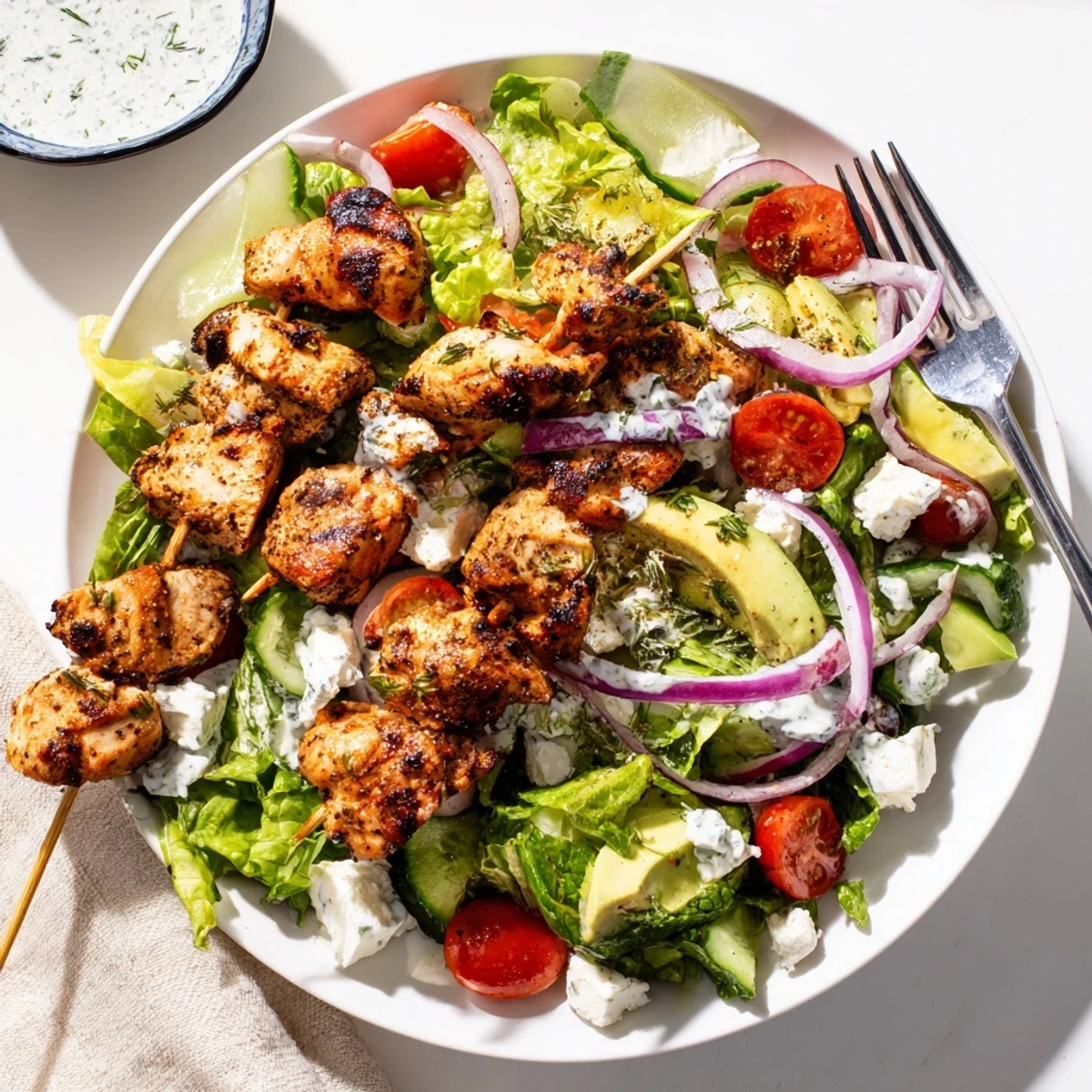 Fresh BBQ chicken skewer salad plated with colorful vegetables and creamy herby ranch dressing