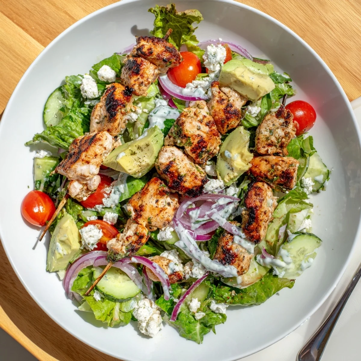 Grilled BBQ chicken skewers resting over crisp greens with cherry tomatoes and tangy ranch