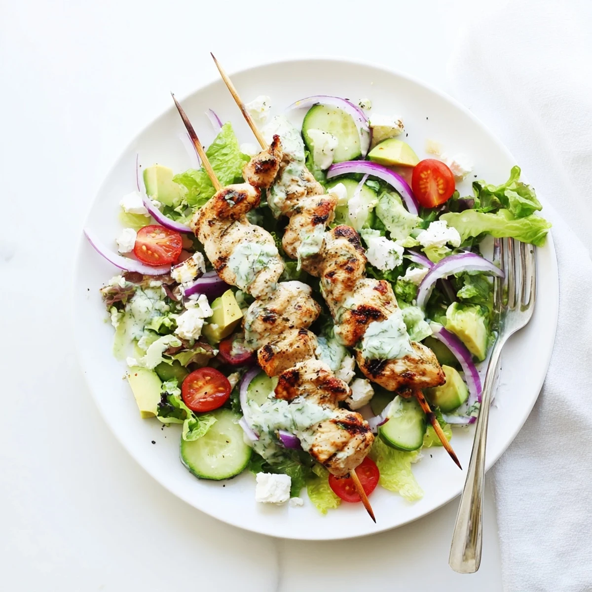 Vibrant BBQ chicken skewer salad featuring juicy grilled meat and fresh vegetables topped with herby ranch