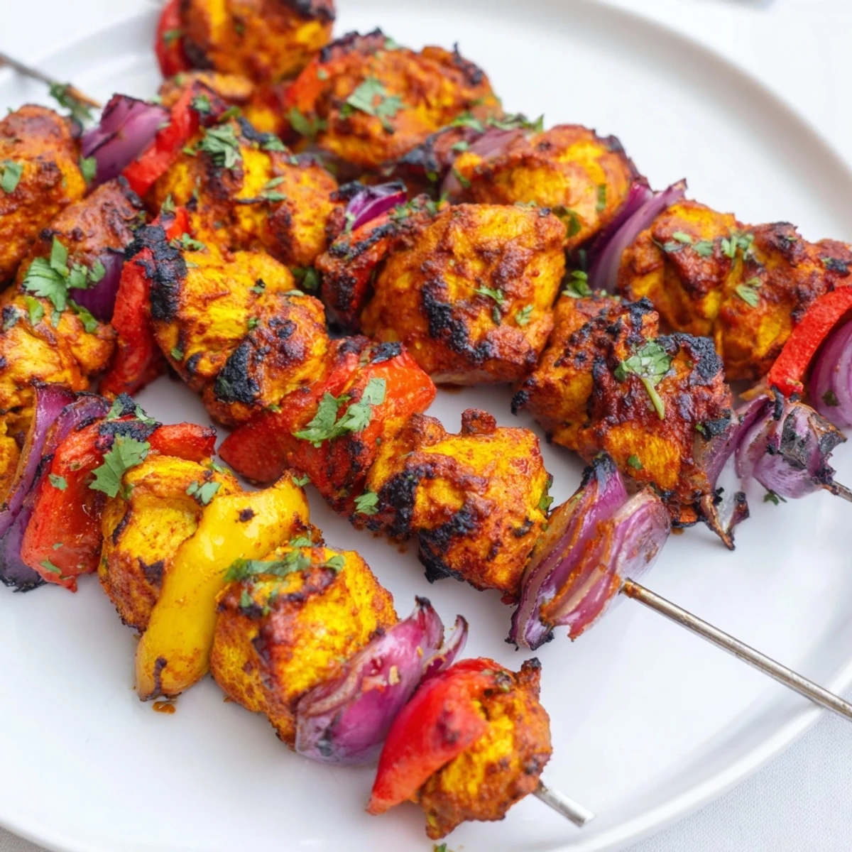 Smoky, charred Tandoori Chicken Tikka Skewers resting with lemon wedges and coriander