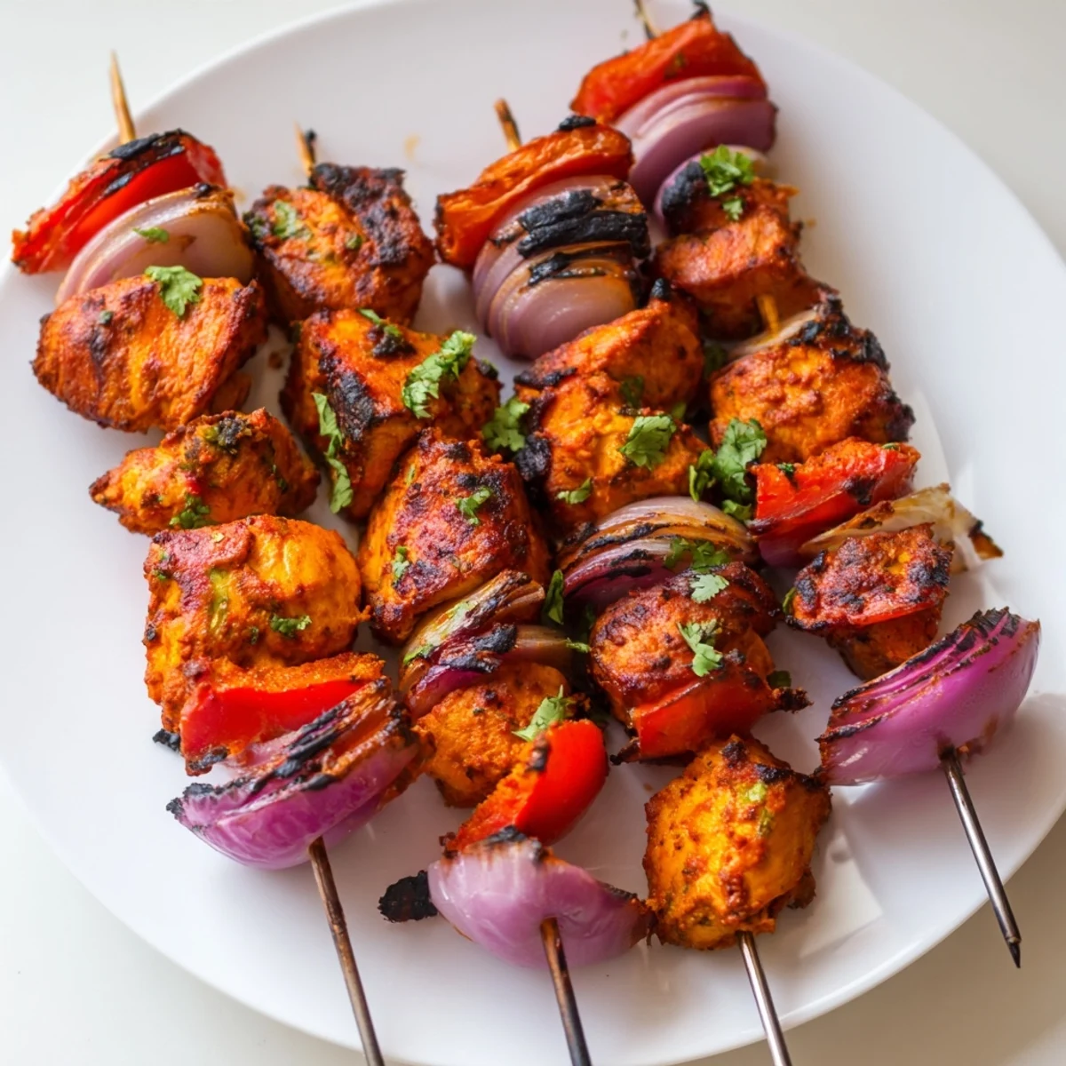 Tender, yogurt marinated Tandoori Chicken Tikka Skewers threaded with peppers and onions