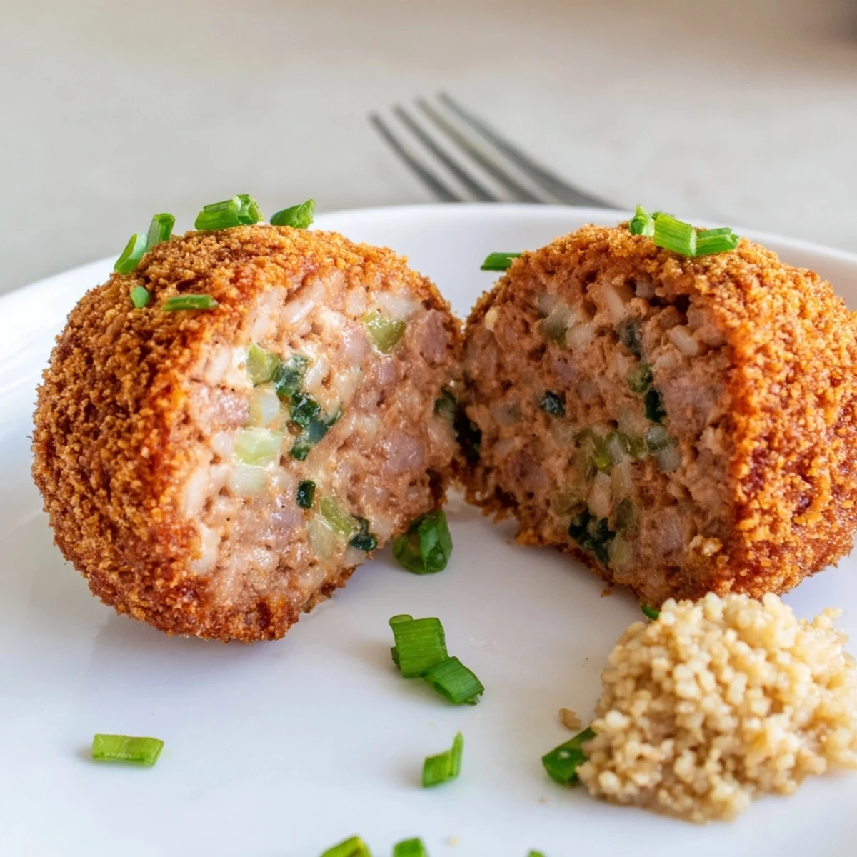 Plate of Cajun Boudin Balls with tangy remoulade, steaming and crunchy