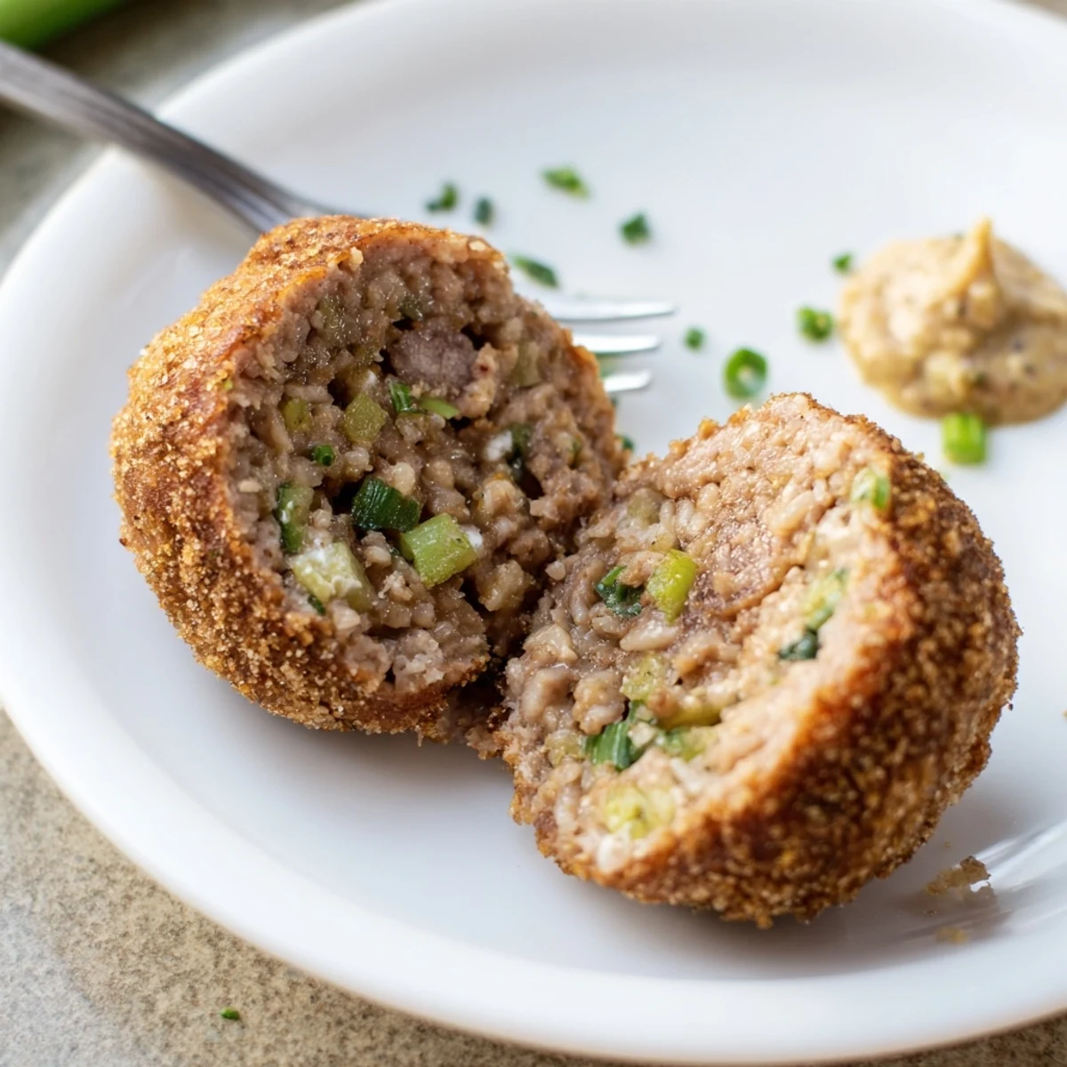 Handheld Cajun Boudin Balls dipped in Creole mustard, savory and hot