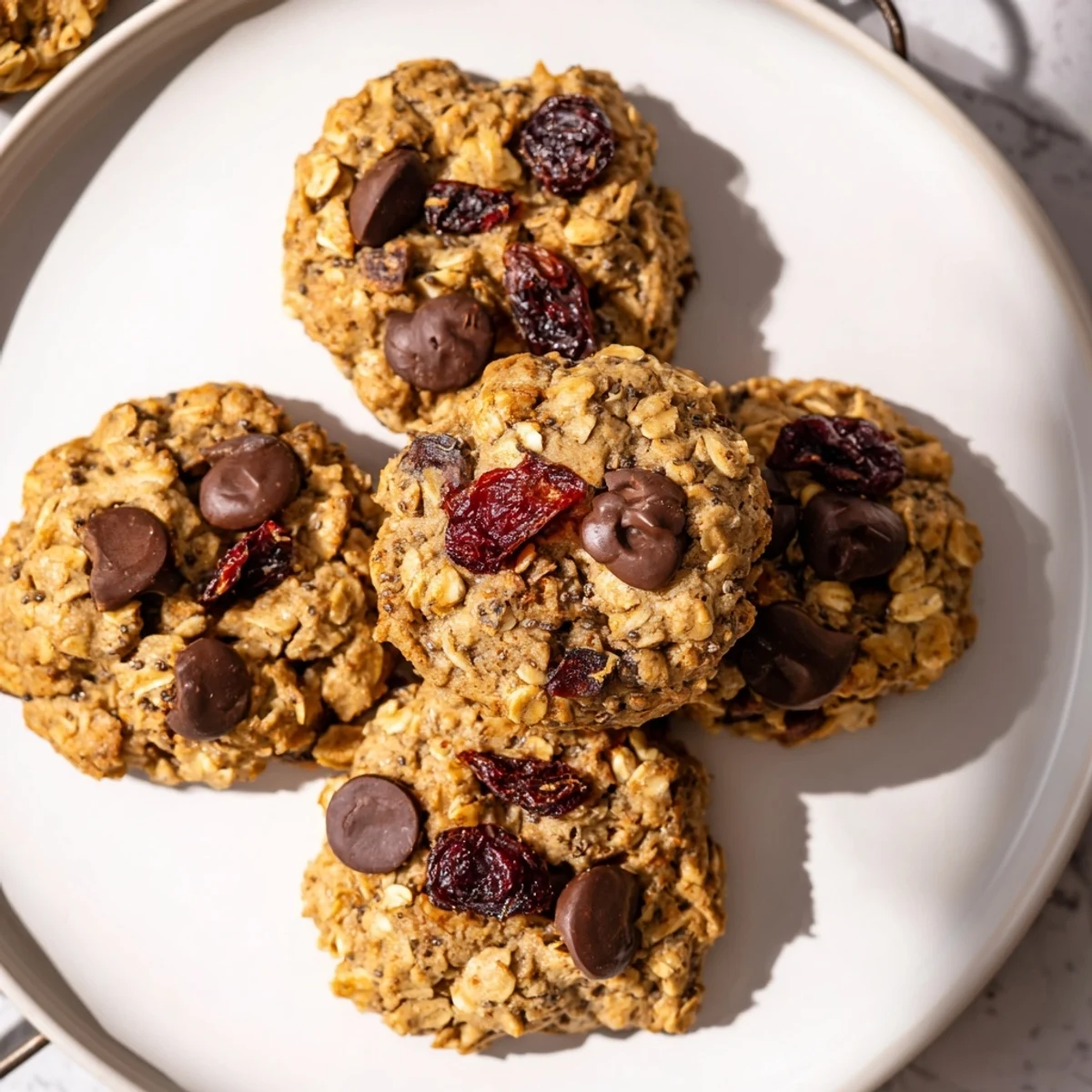 Golden brown healthy breakfast cookies studded with cranberries and walnuts on a wire rack