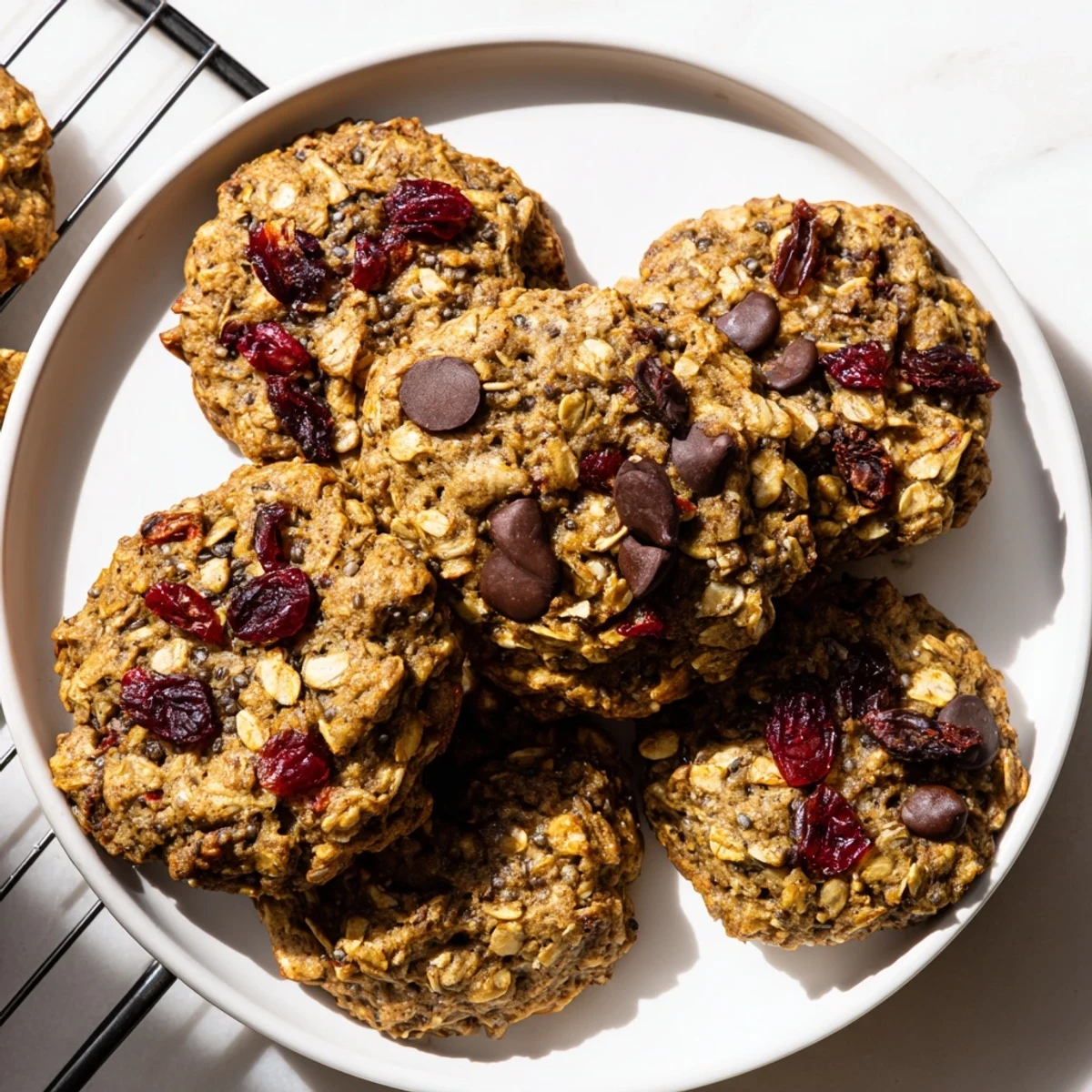 Freshly baked chewy healthy breakfast cookies with oats and dark chocolate chips cooling on parchment paper