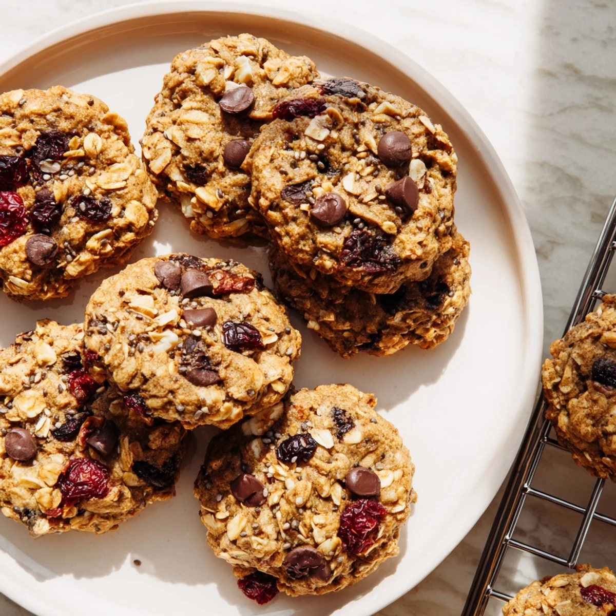 Hearty oatmeal healthy breakfast cookies piled on a wooden board with dried fruit and nut toppings
