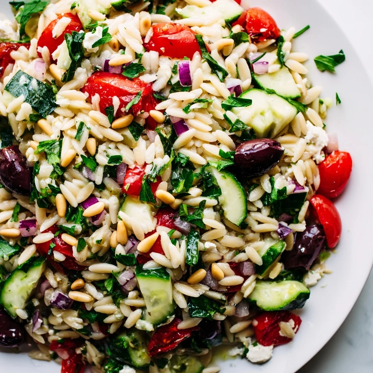 Colorful Mediterranean orzo power salad bowl with cherry tomatoes, cucumber, feta cheese, and fresh herbs drizzled with lemon vinaigrette