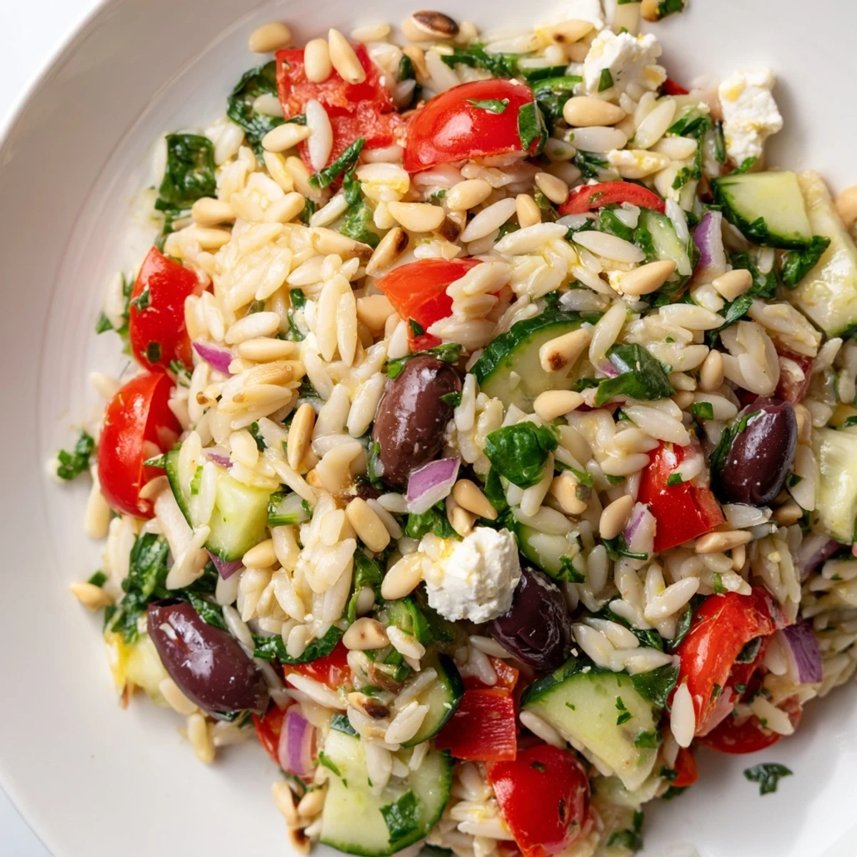 Fresh Mediterranean orzo power salad featuring Kalamata olives, crisp vegetables, and crumbled feta in a tangy lemon-oregano dressing