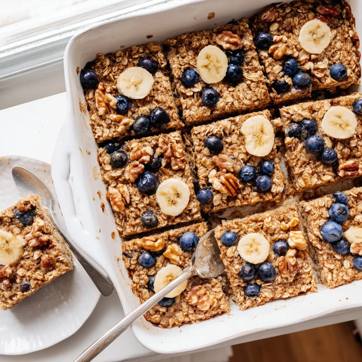 Golden brown baked oatmeal with fresh blueberries, walnuts, and a dusting of cinnamon