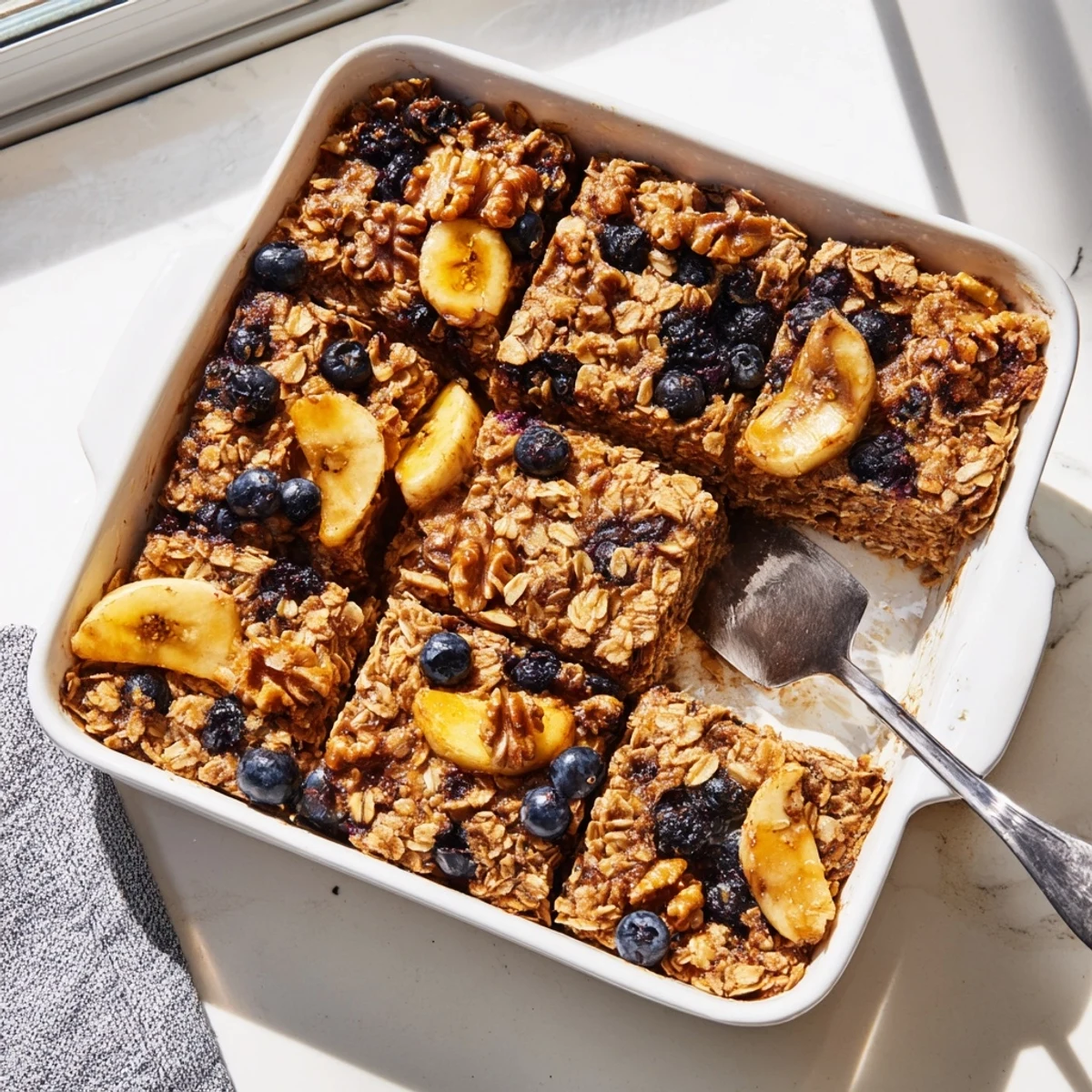 Warm bowl of baked oatmeal topped with banana slices and creamy vanilla yogurt