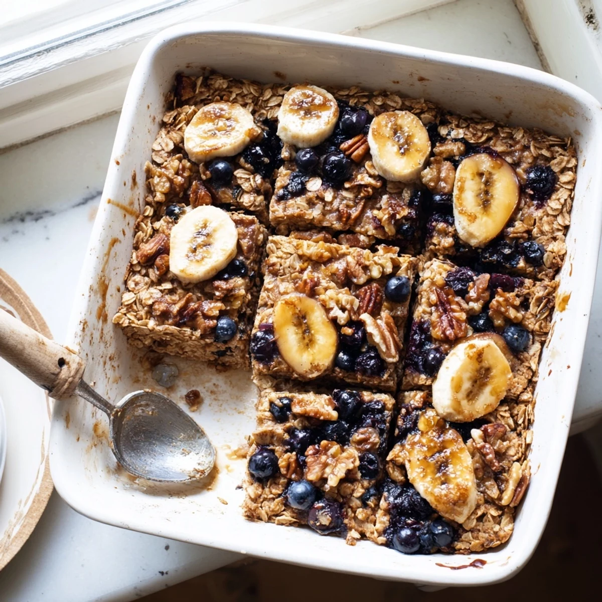 Homemade baked oatmeal casserole with diced apples, pecans, and maple syrup drizzle