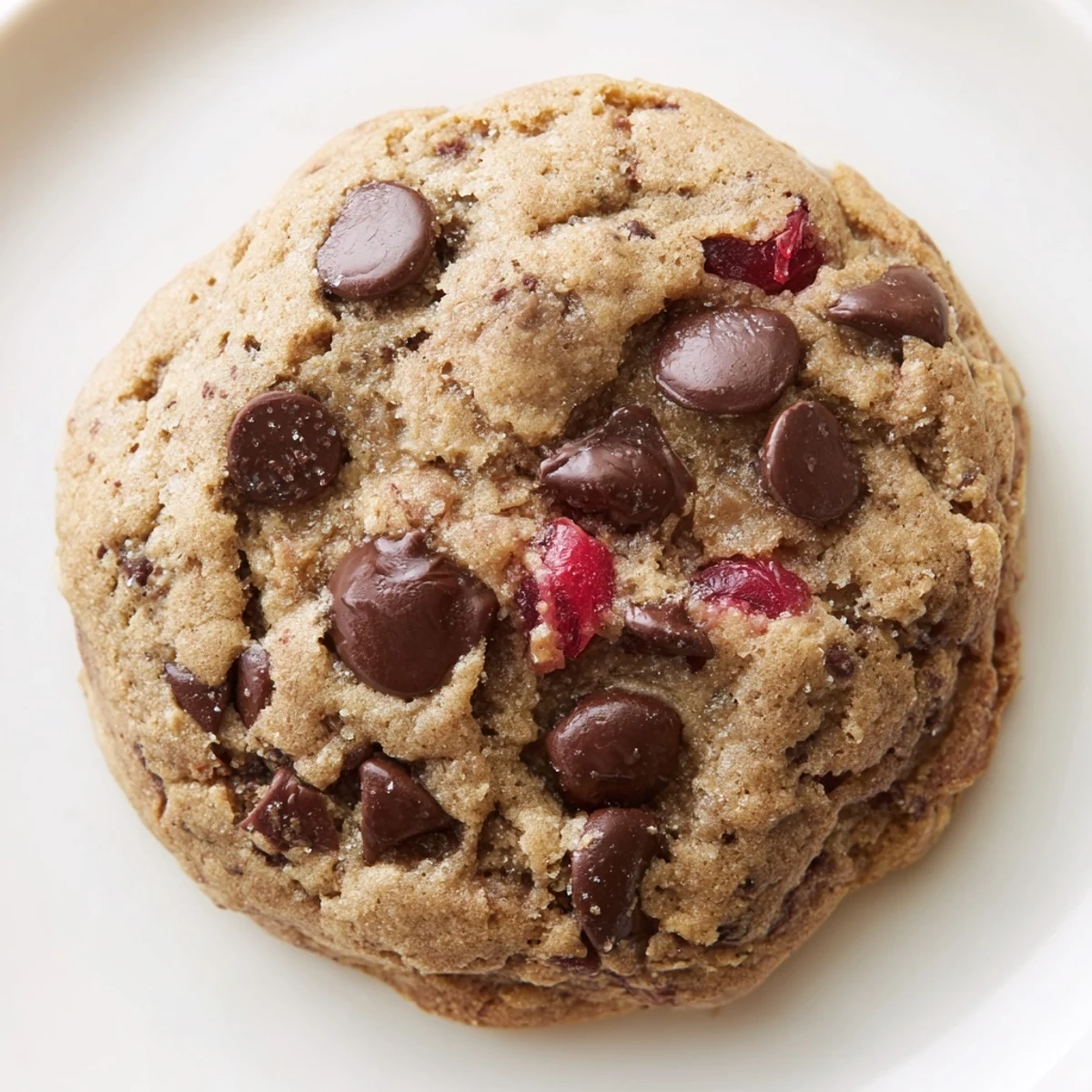 Stack of freshly baked cherry chocolate chip cookies with visible cherry chunks