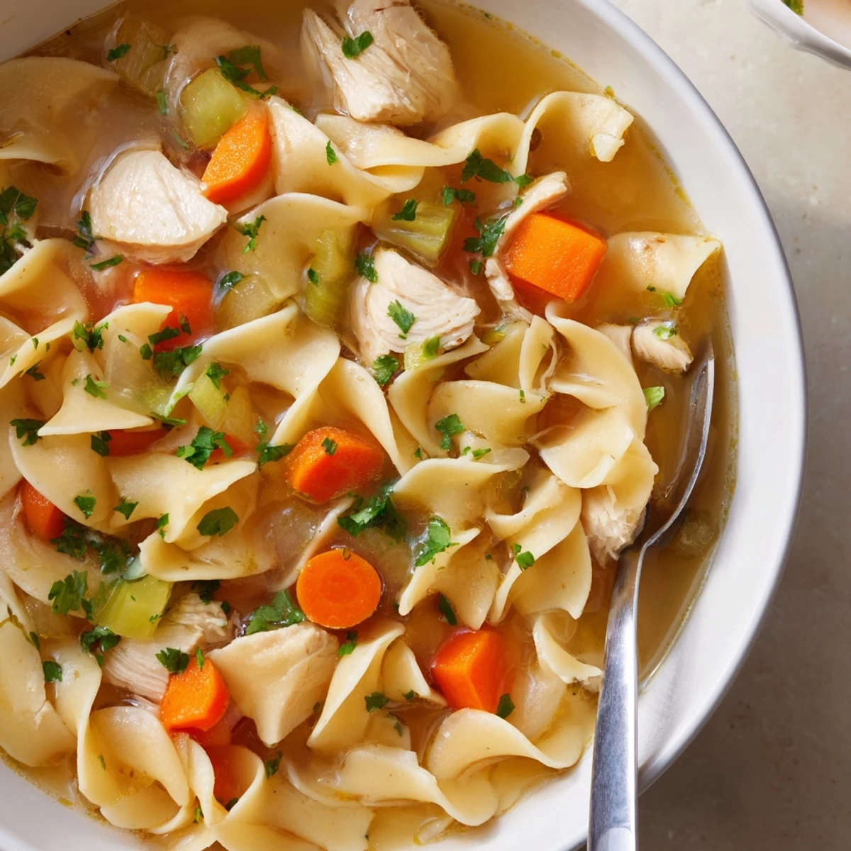 Tender chicken pieces nestled among egg noodles and colorful vegetables in rich chicken broth