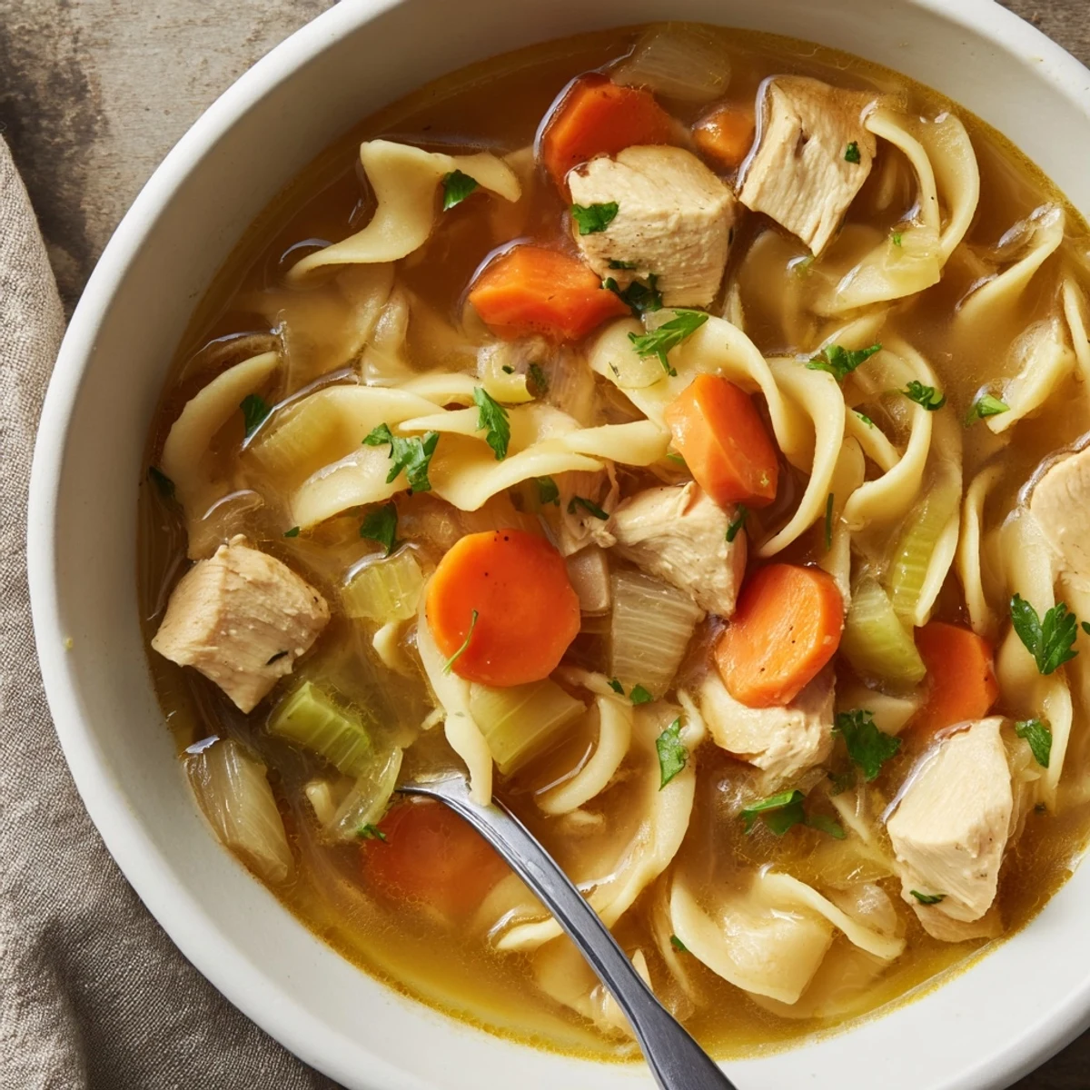 Steamy one pot chicken and noodles served in a white bowl with fresh parsley garnish