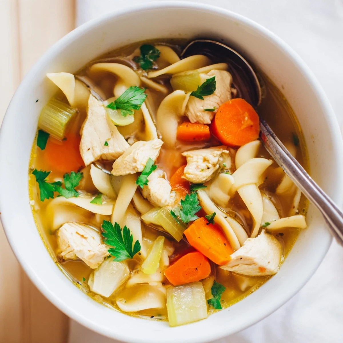 Comforting one pot chicken and noodles featuring carrots, celery, and savory broth in a Dutch oven