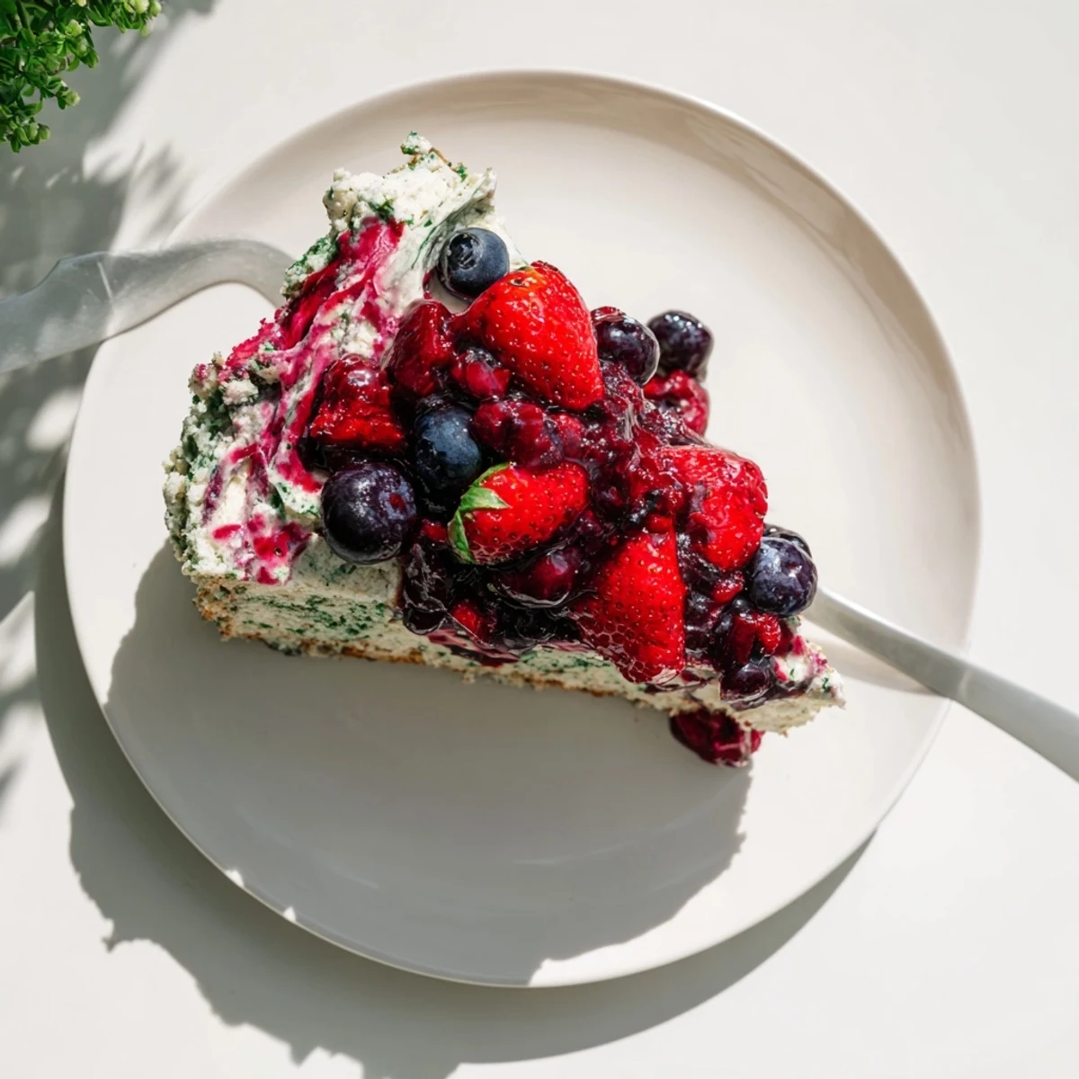 Golden basil berry cake topped with vibrant mixed berry compote and basil whipped cream