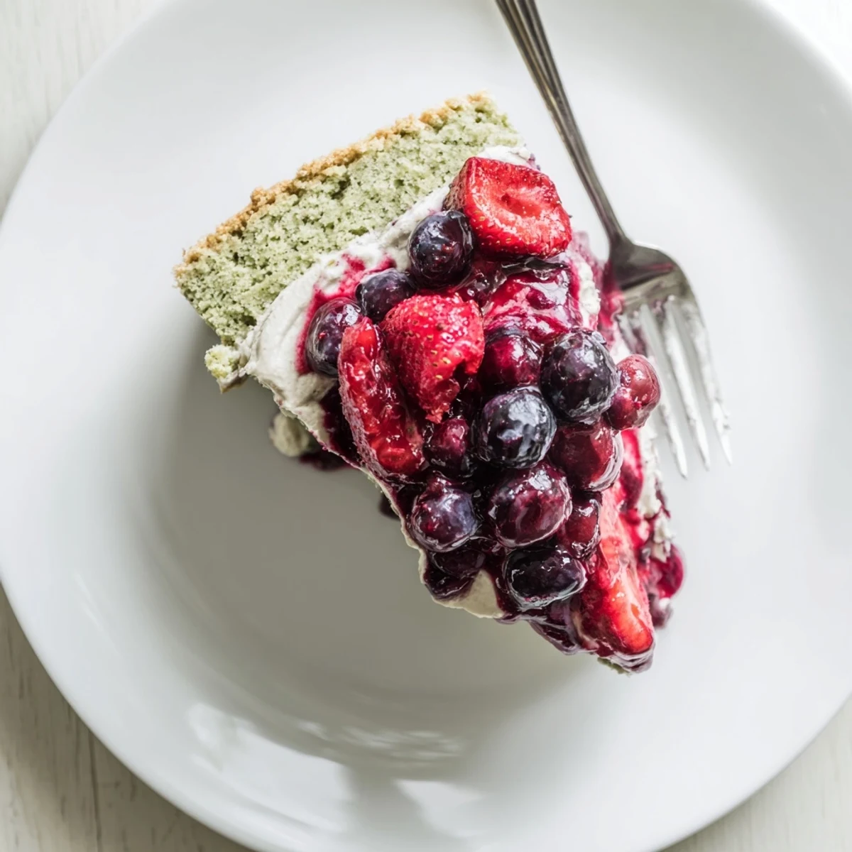 Slice of basil berry cake featuring fresh strawberry, blueberry, and raspberry compote swirls